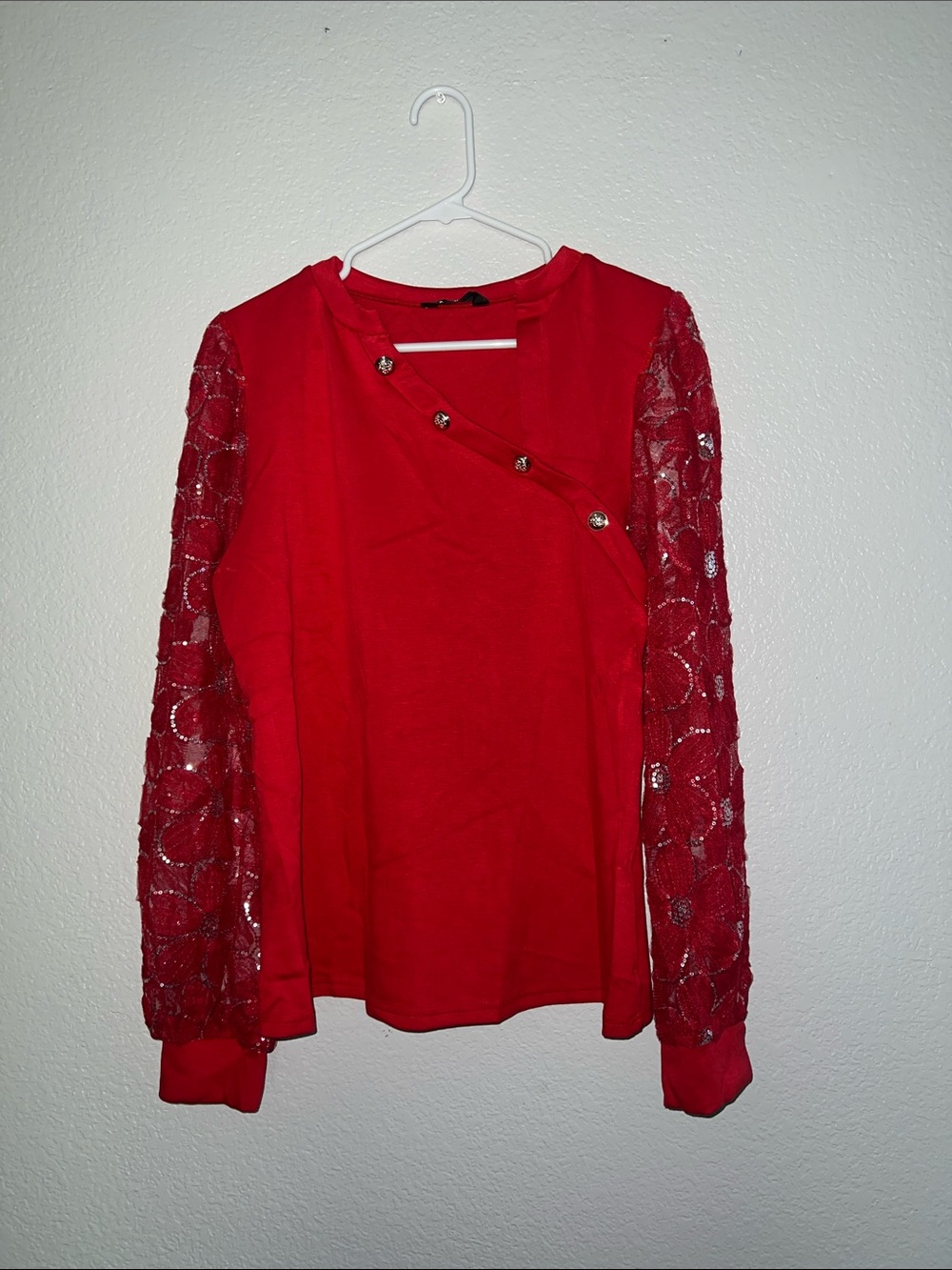 Red Lace-Sleeve Button-Accent Women's Top